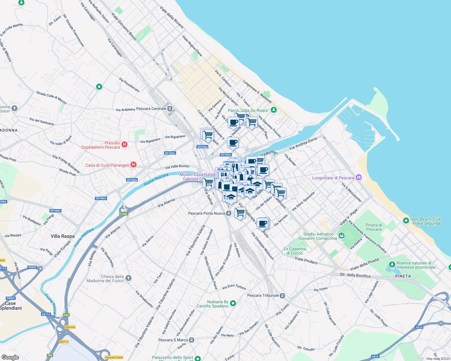 map of restaurants, bars, coffee shops, grocery stores, and more near 116 Corso Gabriele Manthone in Pescara
