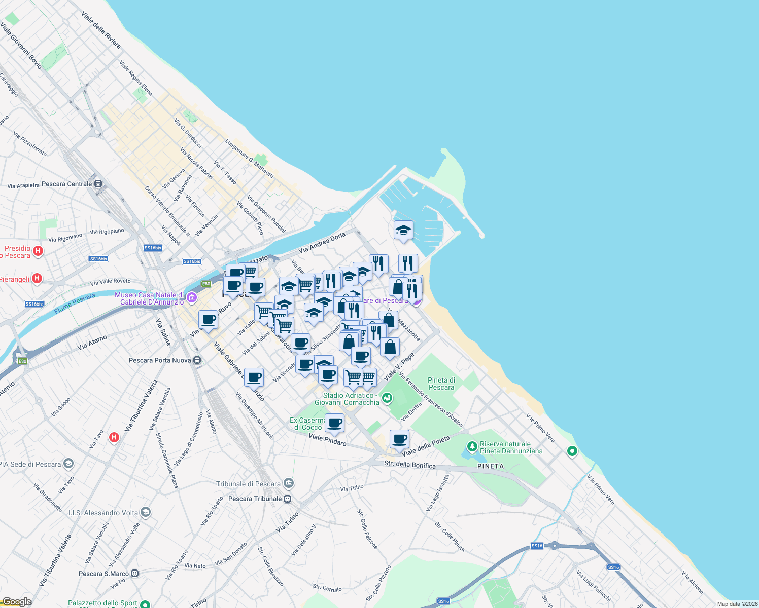 map of restaurants, bars, coffee shops, grocery stores, and more near 46 Via G. Mezzanotte in Pescara