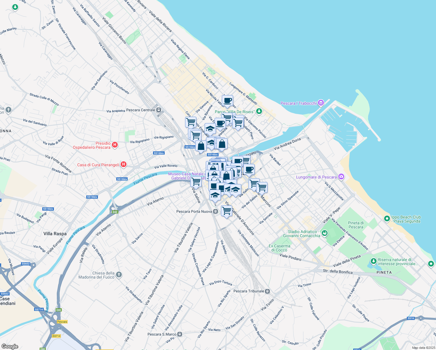 map of restaurants, bars, coffee shops, grocery stores, and more near 63 Via Corfinio in Pescara