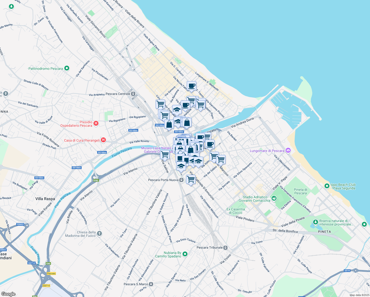 map of restaurants, bars, coffee shops, grocery stores, and more near 63 Via Corfinio in Pescara
