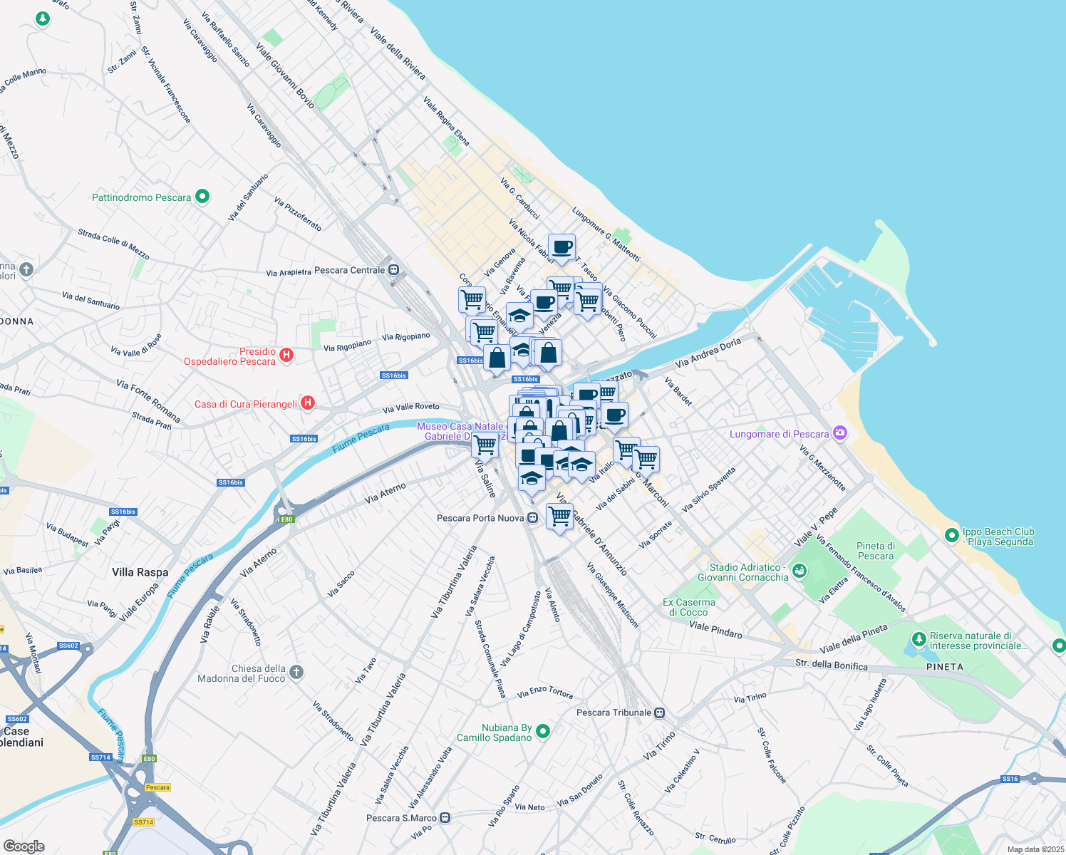 map of restaurants, bars, coffee shops, grocery stores, and more near 63 Via Corfinio in Pescara
