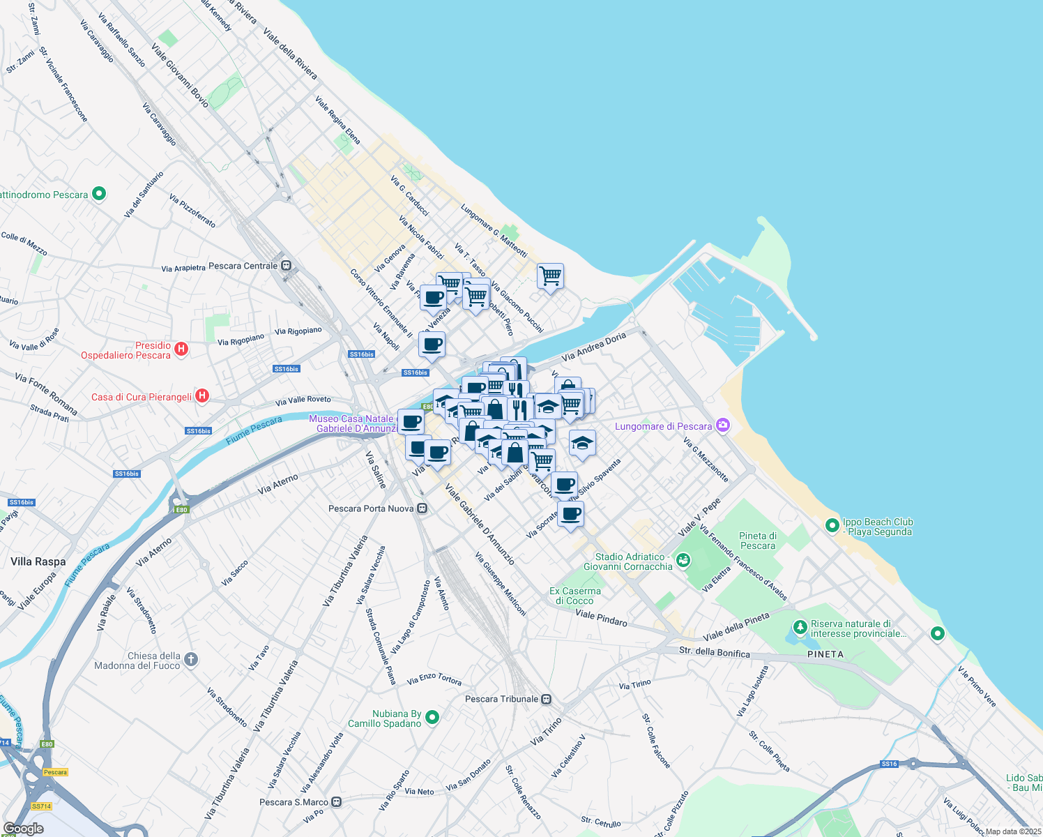 map of restaurants, bars, coffee shops, grocery stores, and more near 37 Via Alfonso di Vestea in Pescara