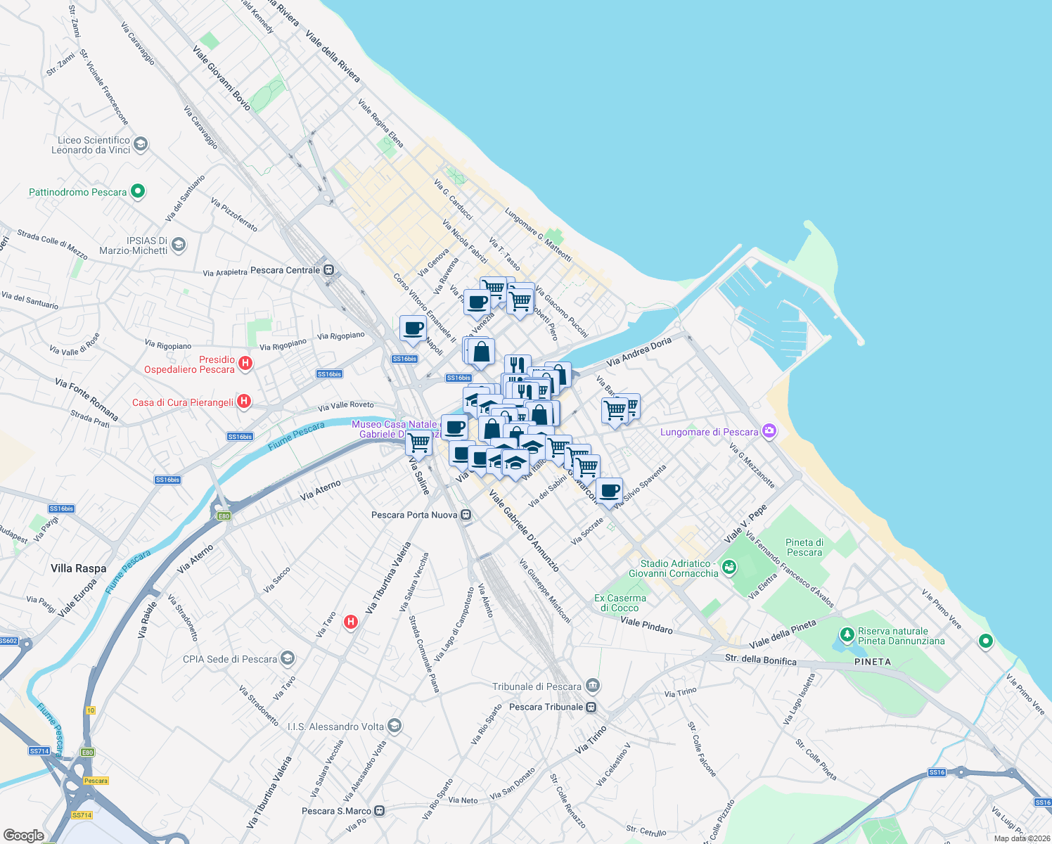 map of restaurants, bars, coffee shops, grocery stores, and more near in Pescara