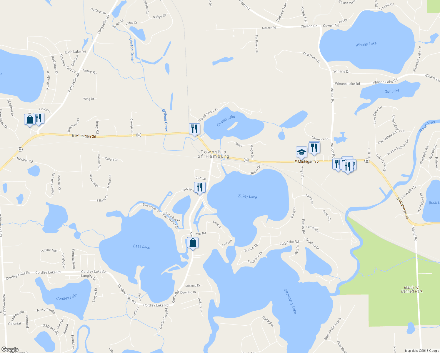 map of restaurants, bars, coffee shops, grocery stores, and more near 9557 Crestline Drive in Pinckney