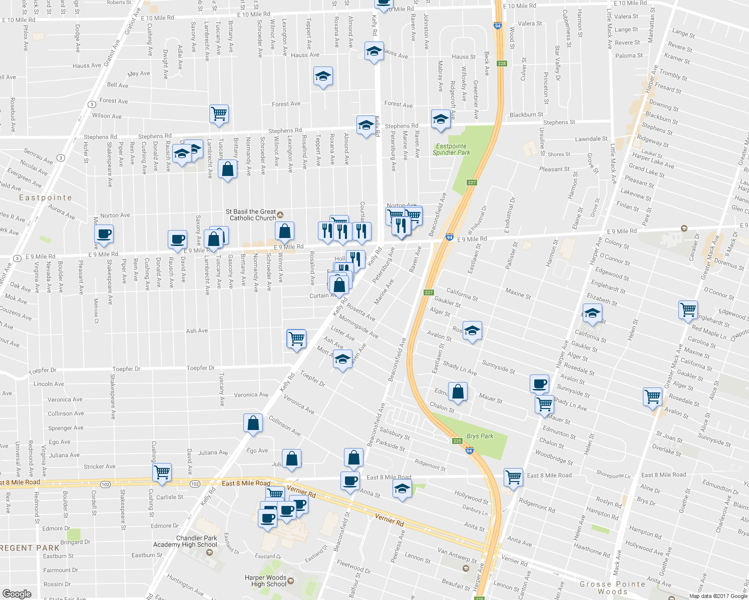 map of restaurants, bars, coffee shops, grocery stores, and more near 22265 Marine Avenue in Eastpointe