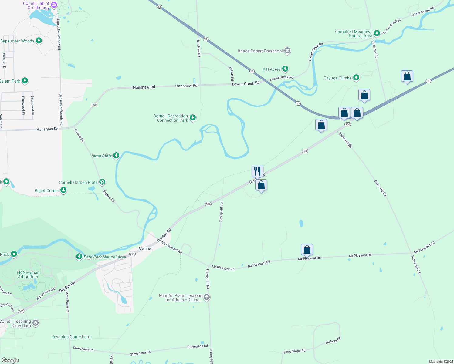 map of restaurants, bars, coffee shops, grocery stores, and more near 17-25 Monkey Run Rd in Ithaca