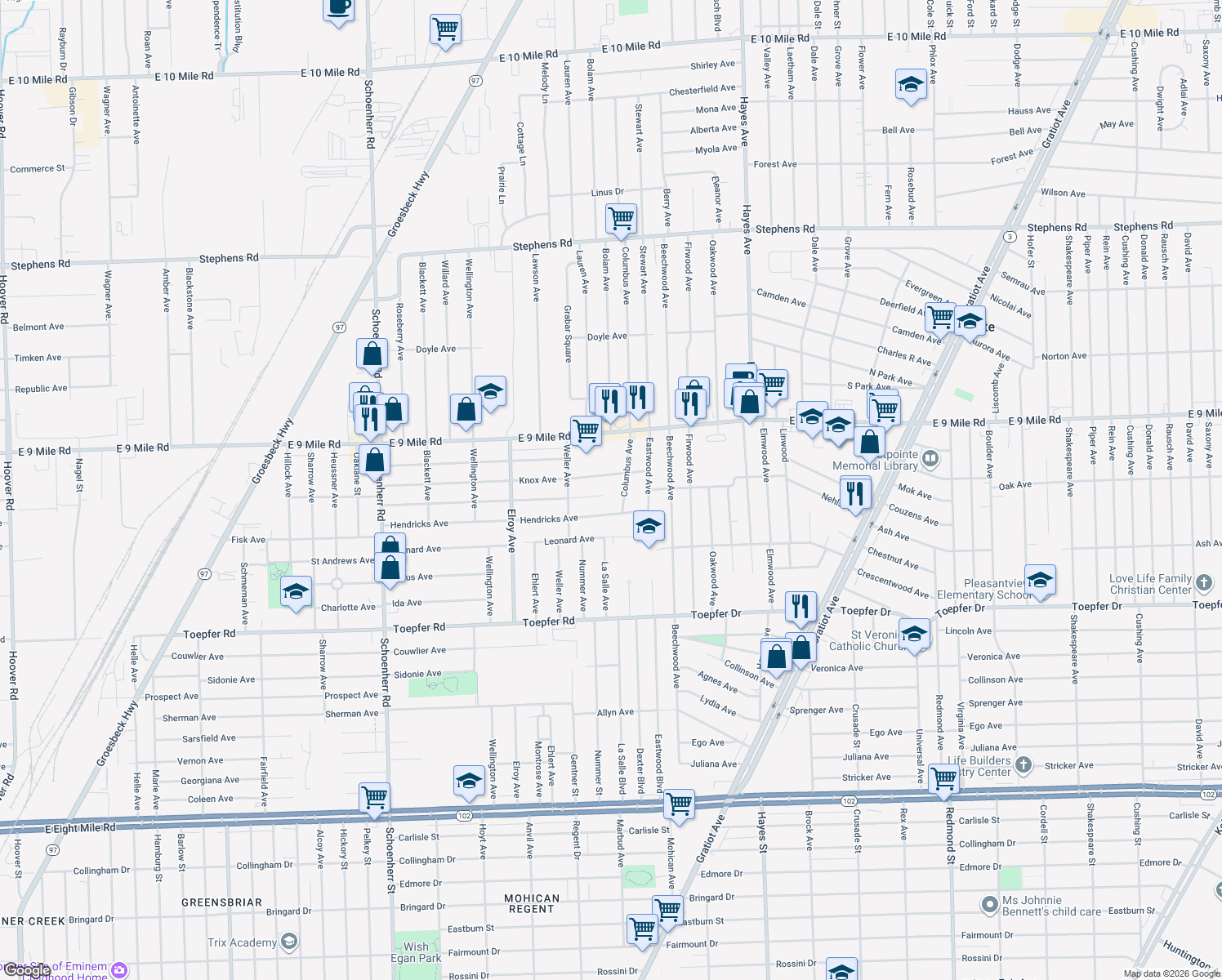map of restaurants, bars, coffee shops, grocery stores, and more near 14405 Marshall Avenue in Warren