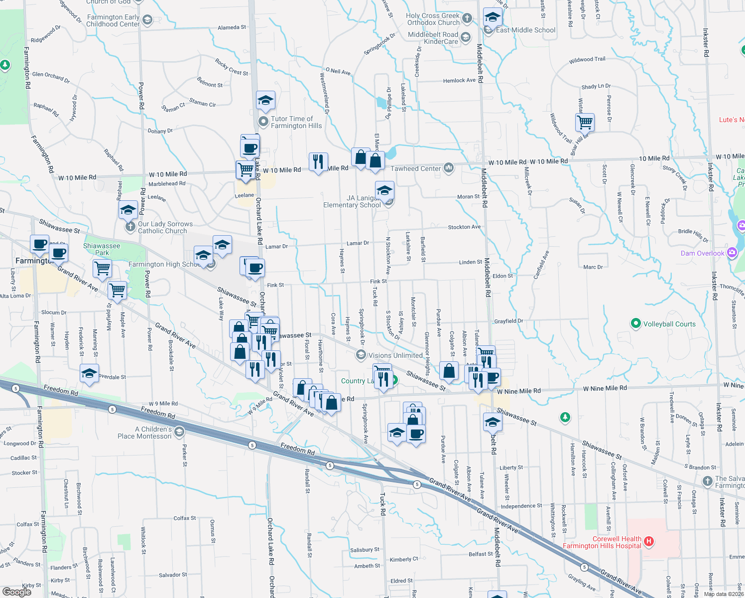 map of restaurants, bars, coffee shops, grocery stores, and more near 23221 Tuck Road in Farmington Hills