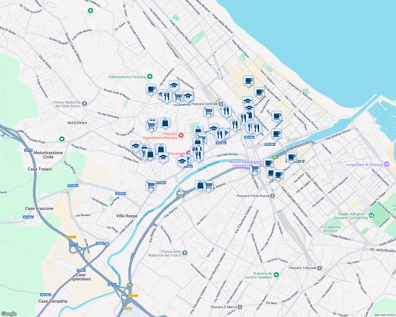 map of restaurants, bars, coffee shops, grocery stores, and more near 165 Via del Circuito in Pescara