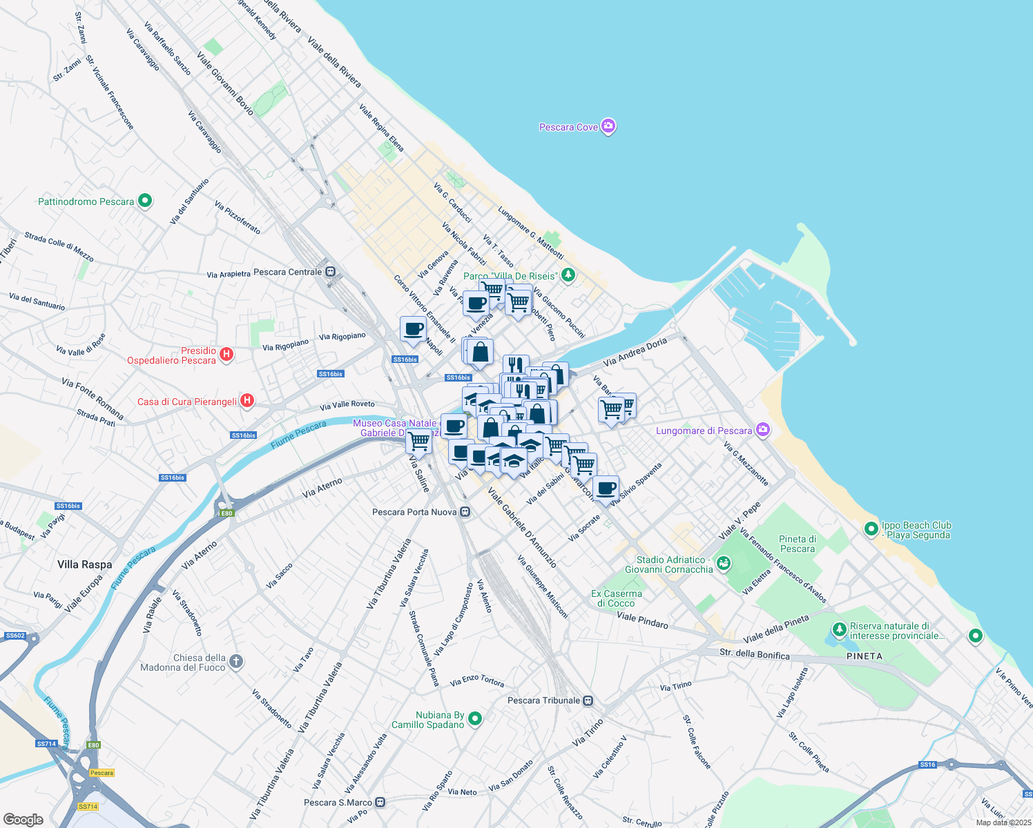 map of restaurants, bars, coffee shops, grocery stores, and more near in Pescara