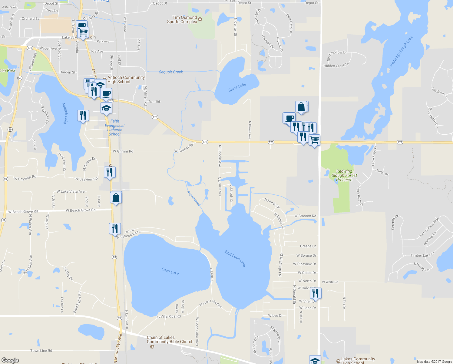 map of restaurants, bars, coffee shops, grocery stores, and more near 41221 West Lincoln Drive in Antioch