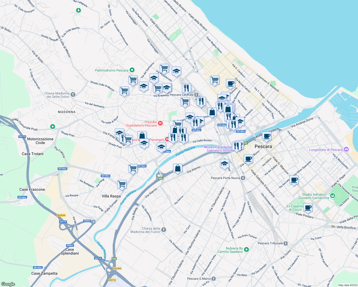 map of restaurants, bars, coffee shops, grocery stores, and more near 165 Via del Circuito in Pescara