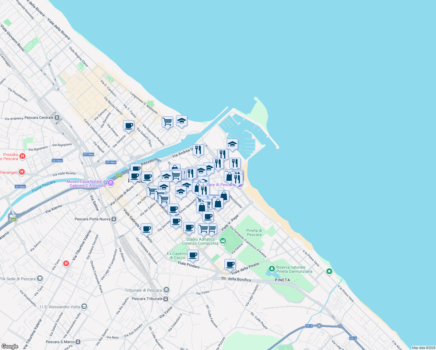 map of restaurants, bars, coffee shops, grocery stores, and more near 192 Viale Amerigo Vespucci in Pescara