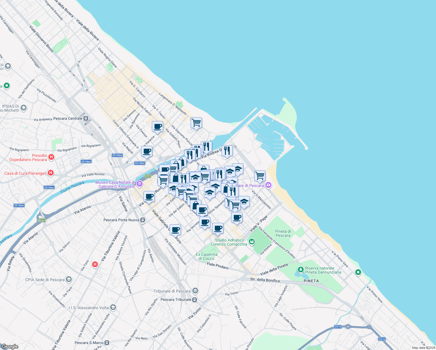 map of restaurants, bars, coffee shops, grocery stores, and more near 21 Via Francesco Caracciolo in Pescara