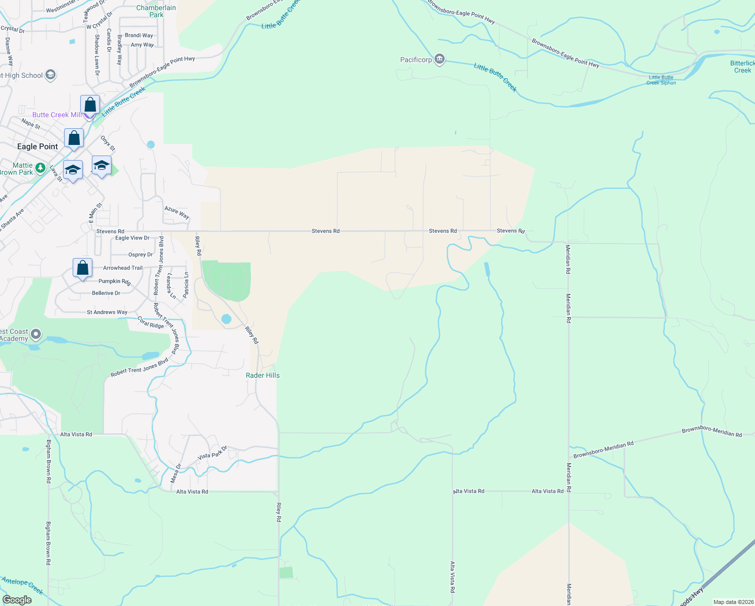 map of restaurants, bars, coffee shops, grocery stores, and more near 1918 Stevens Road in Eagle Point