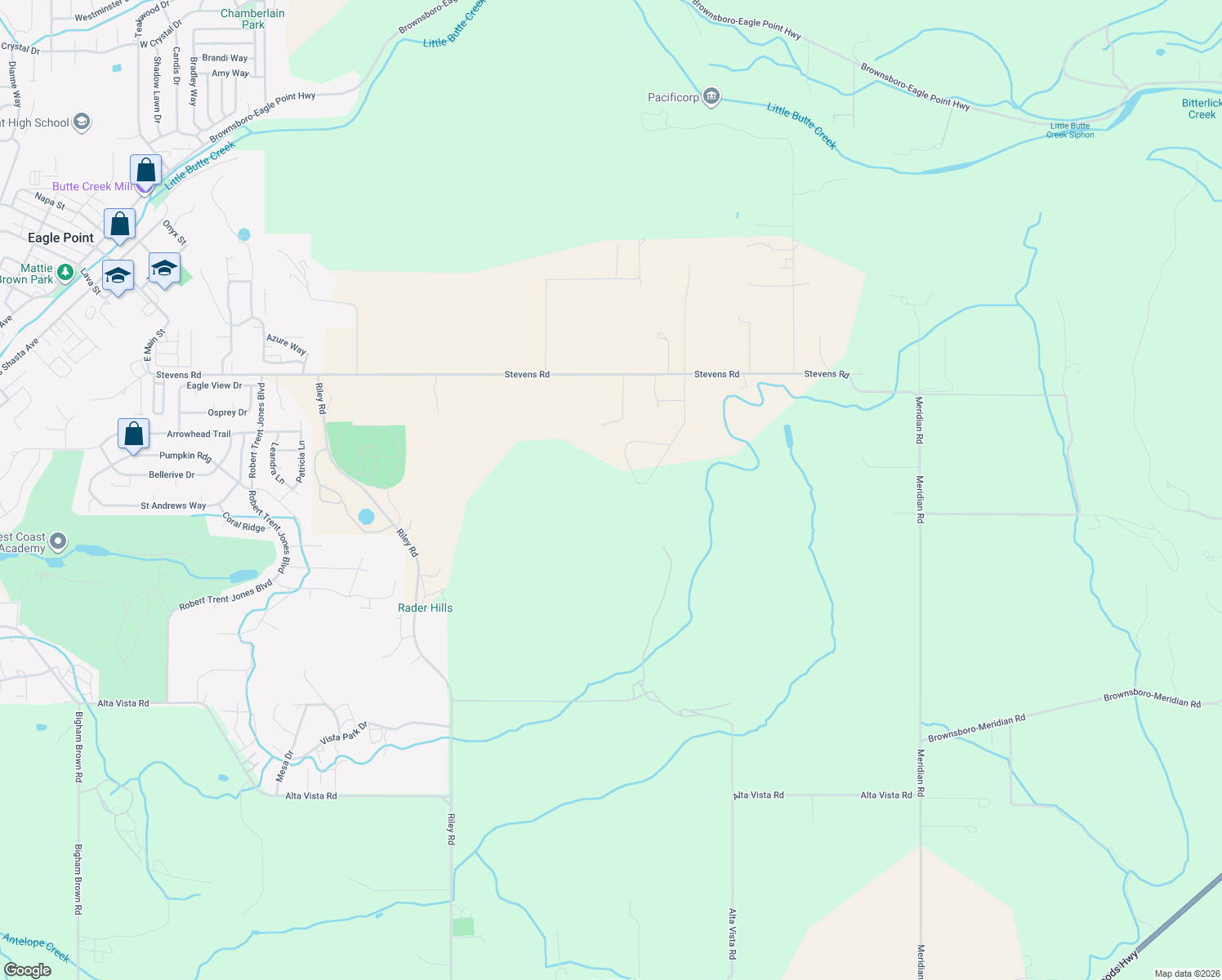 map of restaurants, bars, coffee shops, grocery stores, and more near 1918 Stevens Road in Eagle Point