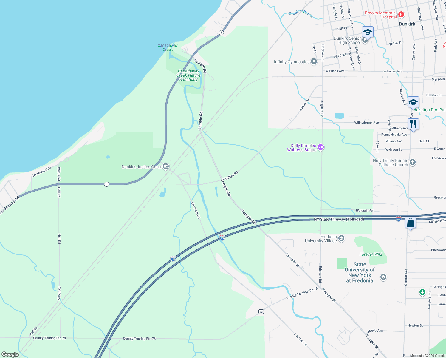 map of restaurants, bars, coffee shops, grocery stores, and more near 4620 County Road 98W in Dunkirk