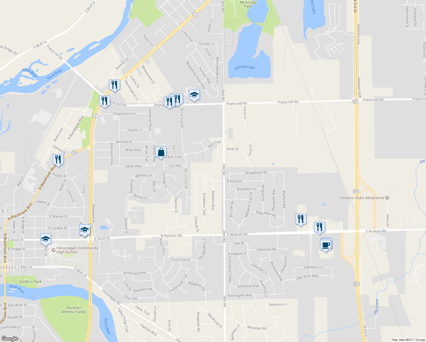 map of restaurants, bars, coffee shops, grocery stores, and more near 13985 Sunrise Circle in Rockton
