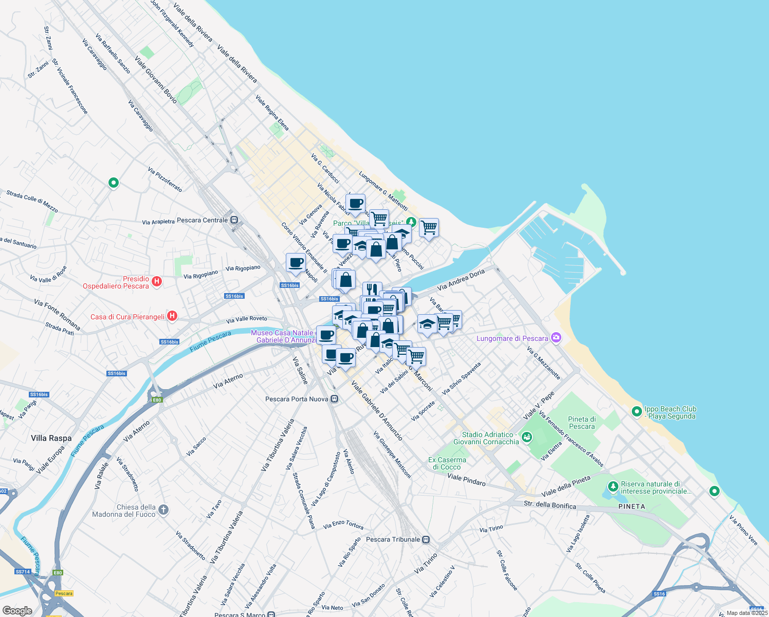 map of restaurants, bars, coffee shops, grocery stores, and more near 26 Via Lungaterno Sud in Pescara
