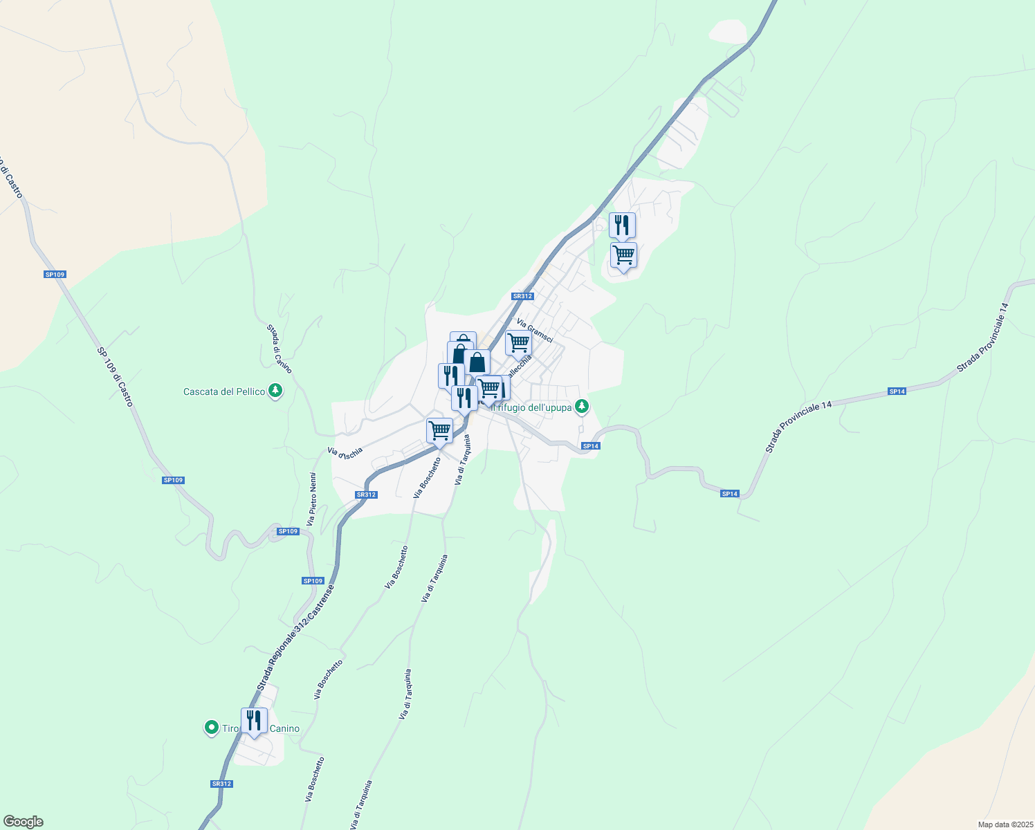 map of restaurants, bars, coffee shops, grocery stores, and more near 11 Via Piave in Canino