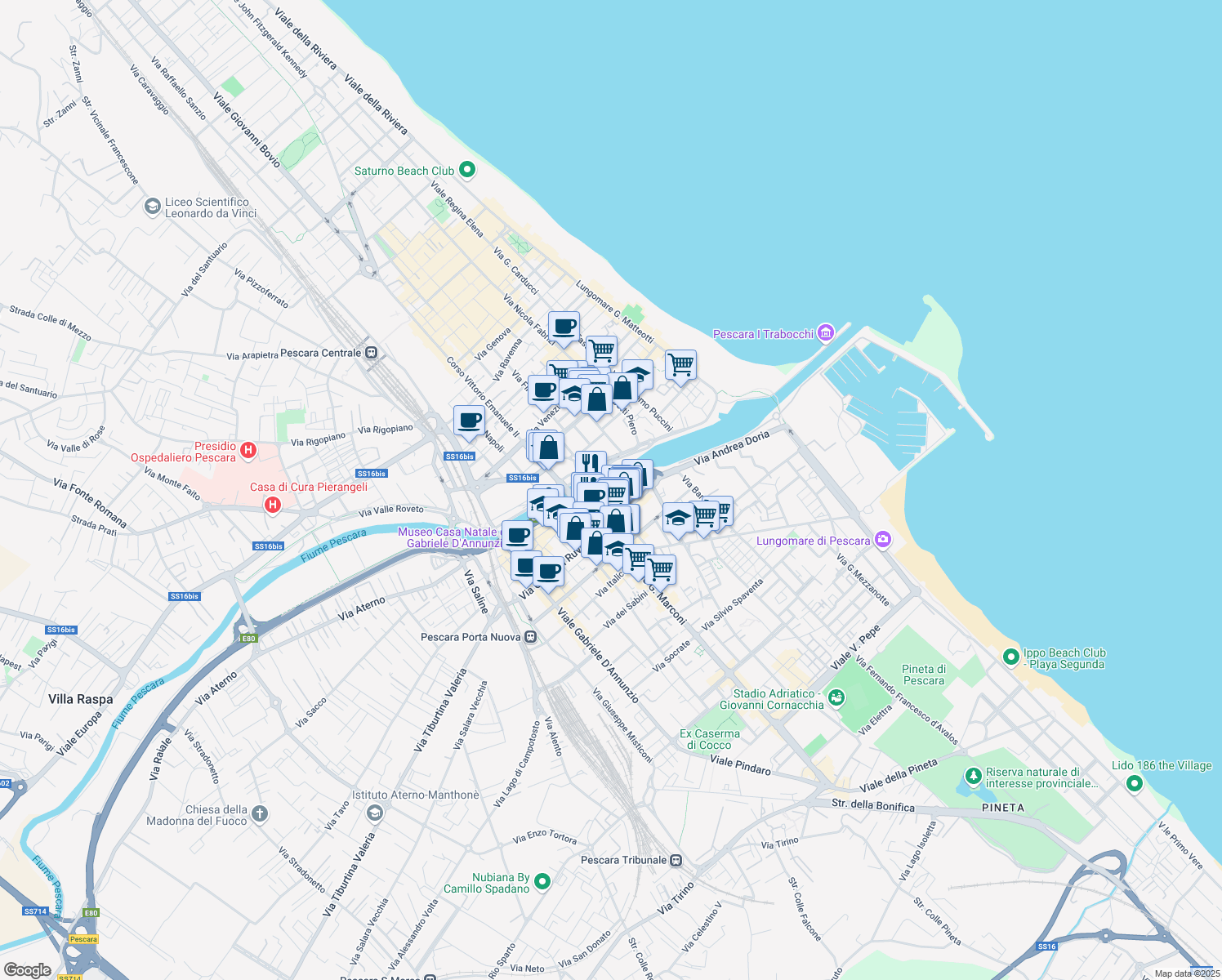 map of restaurants, bars, coffee shops, grocery stores, and more near 26 Via Lungaterno Sud in Pescara
