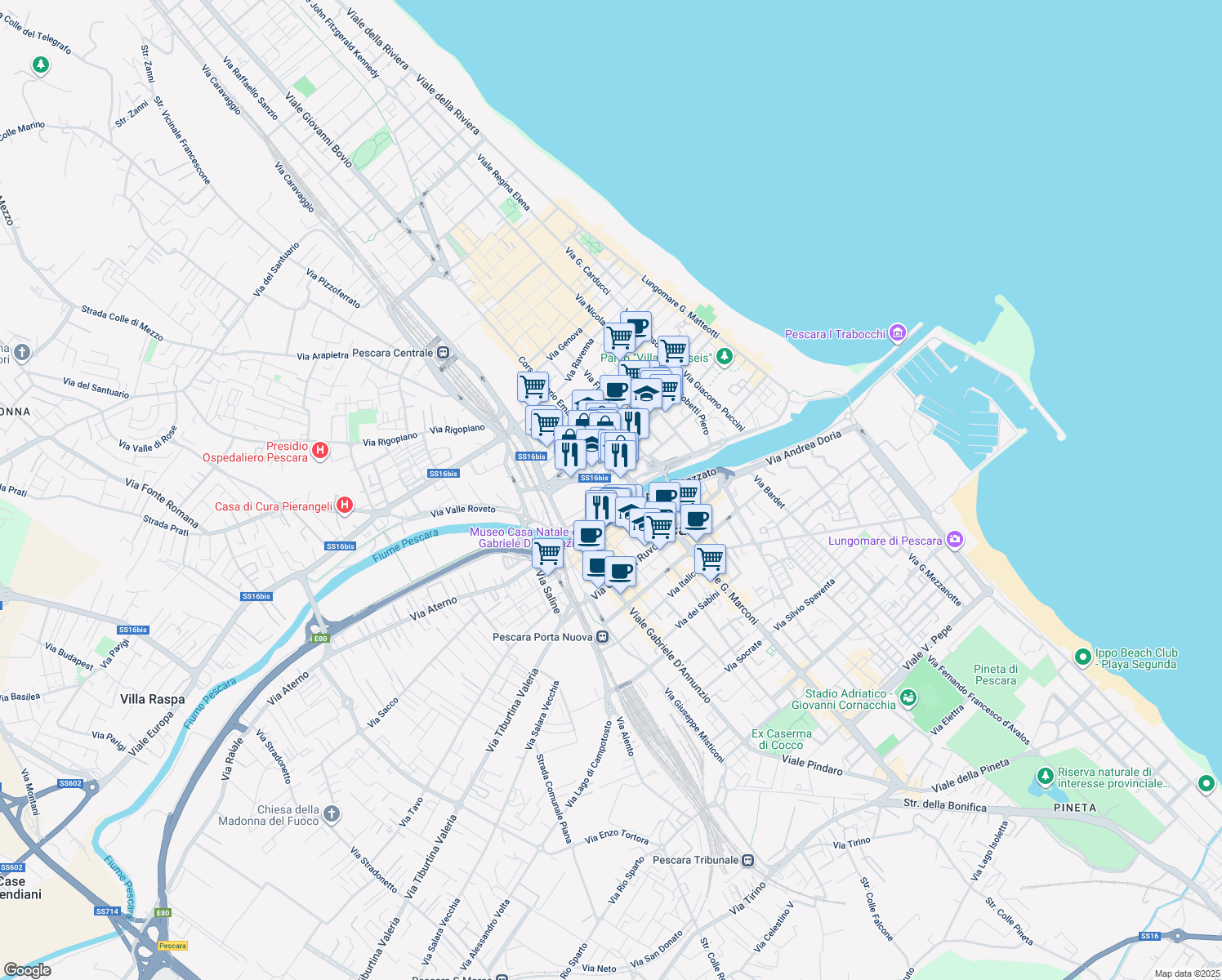 map of restaurants, bars, coffee shops, grocery stores, and more near 2 Via Pesaro in Pescara