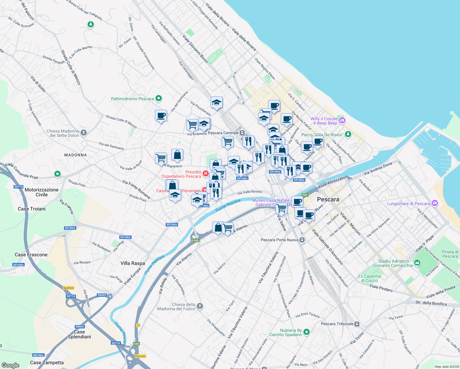 map of restaurants, bars, coffee shops, grocery stores, and more near Via Matese in Pescara
