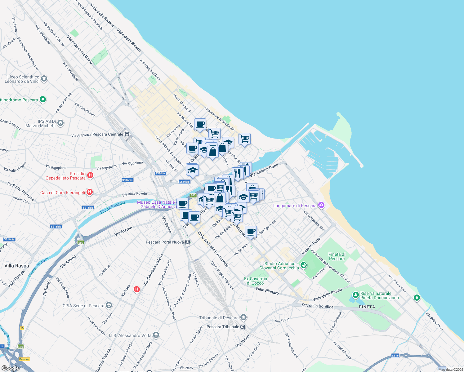 map of restaurants, bars, coffee shops, grocery stores, and more near 106 Via Marco Polo in Pescara