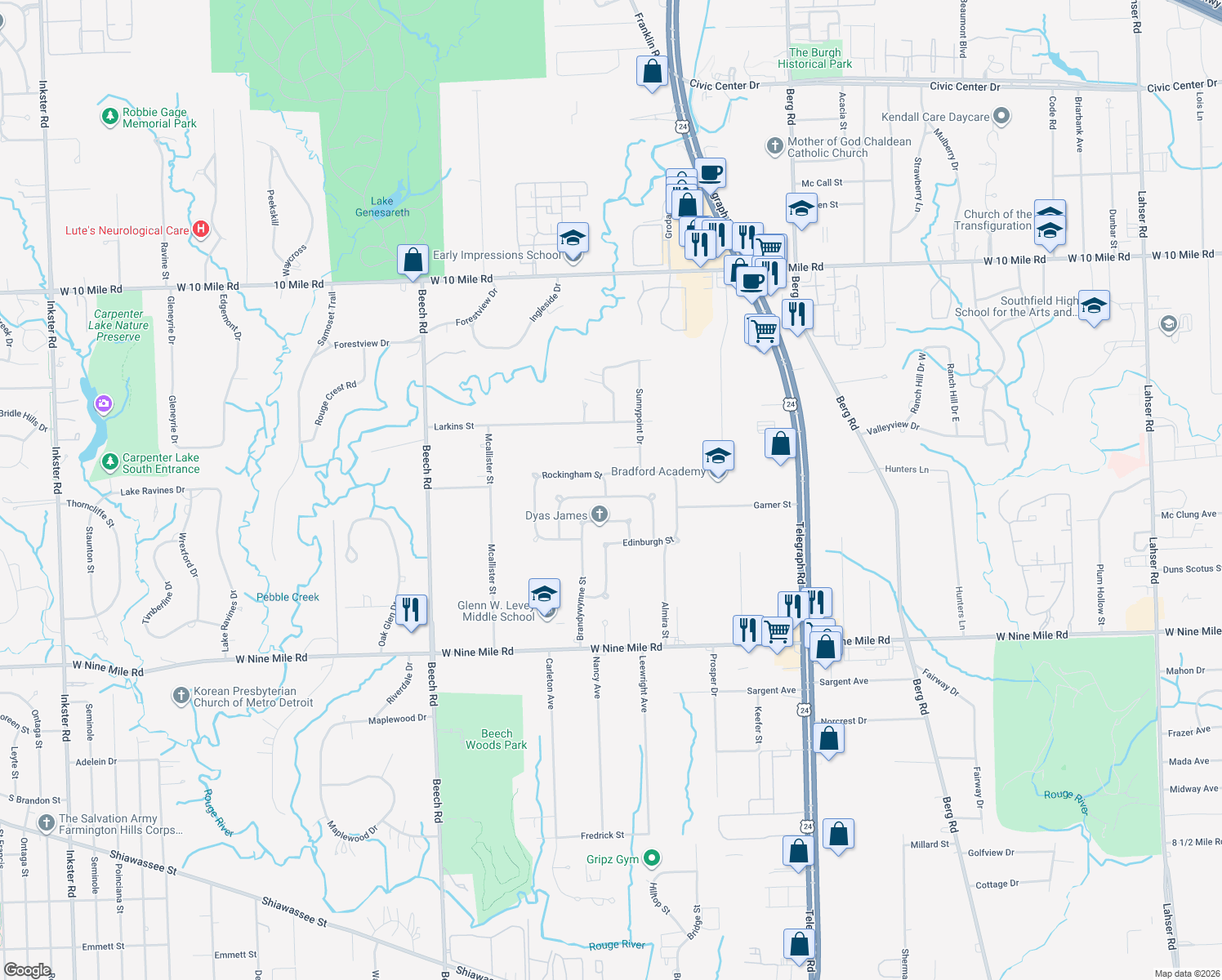map of restaurants, bars, coffee shops, grocery stores, and more near 24085 Rockingham Street in Southfield