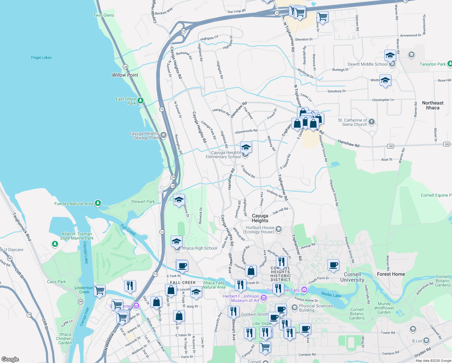 map of restaurants, bars, coffee shops, grocery stores, and more near 212 Hanshaw Rd in Ithaca