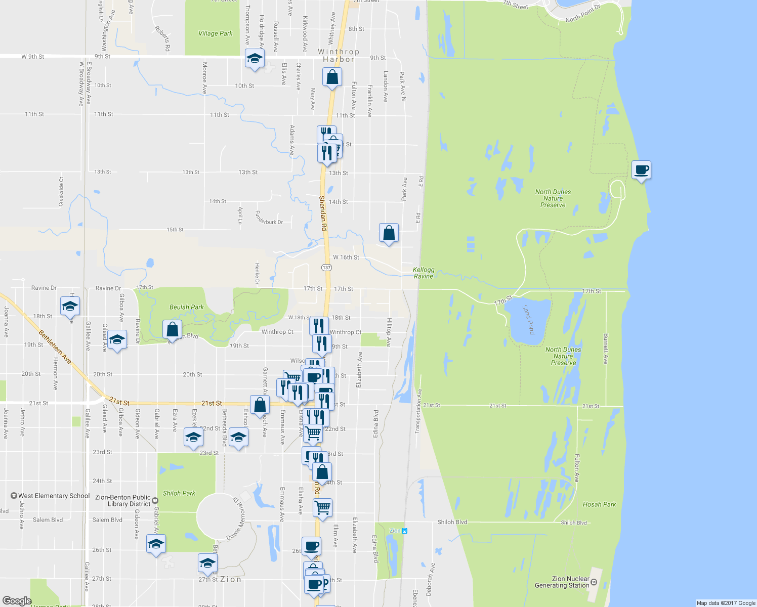 map of restaurants, bars, coffee shops, grocery stores, and more near 8686 West Logan Court in Zion