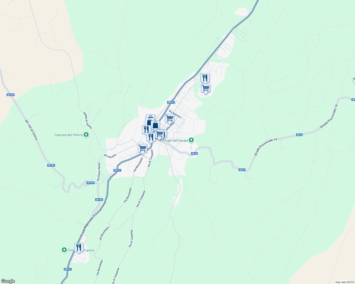 map of restaurants, bars, coffee shops, grocery stores, and more near 71 Via Guido Caratelli in Canino