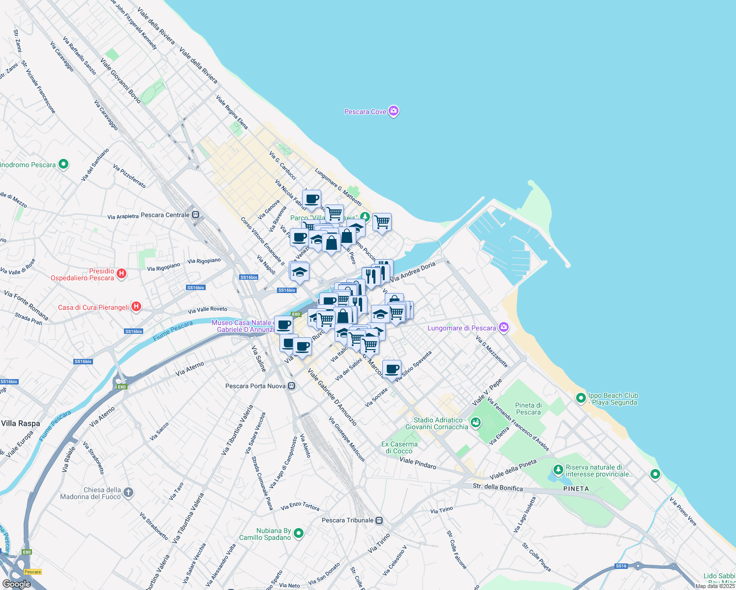 map of restaurants, bars, coffee shops, grocery stores, and more near 75 Via Marco Polo in Pescara