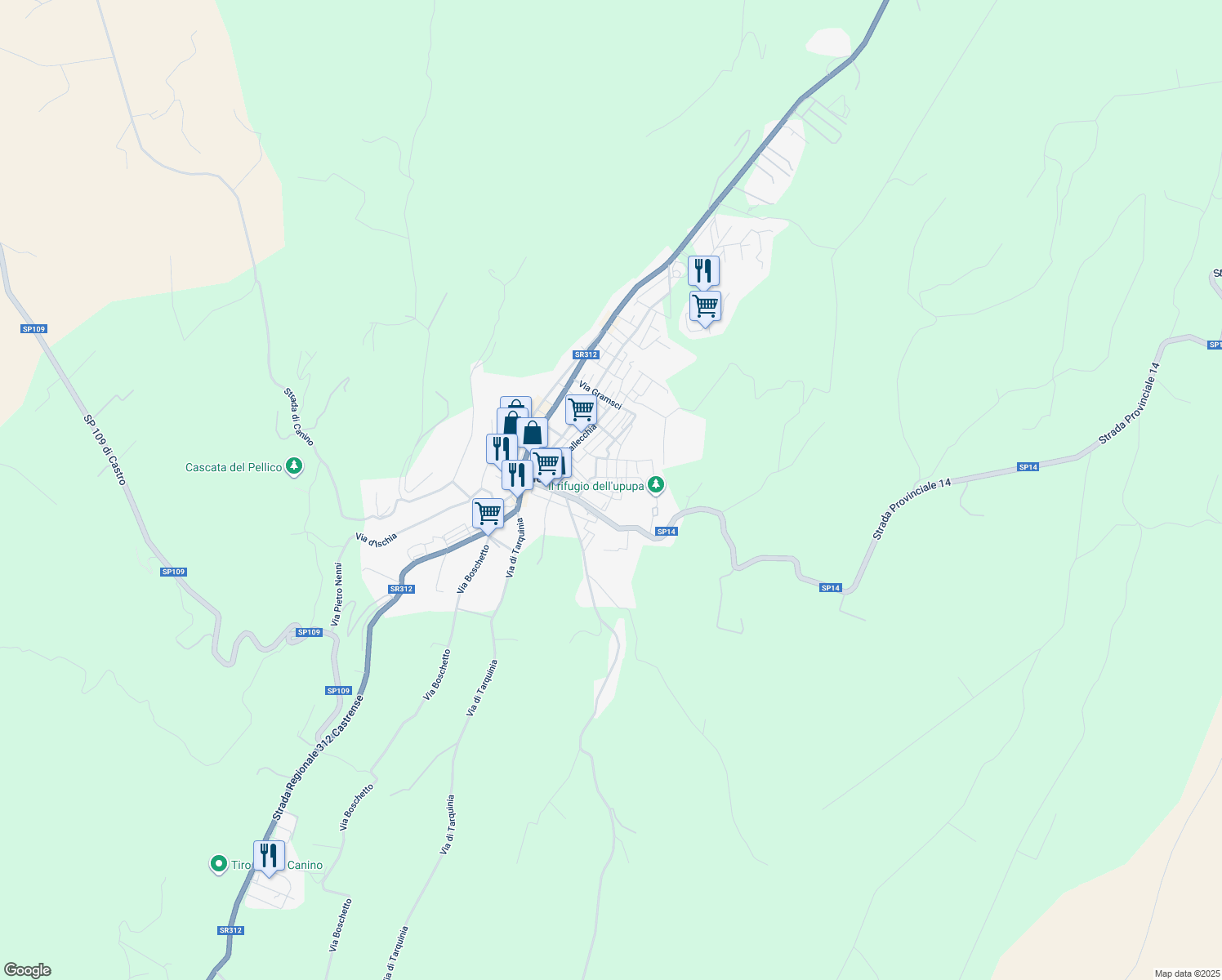 map of restaurants, bars, coffee shops, grocery stores, and more near 71 Via Guido Caratelli in Canino