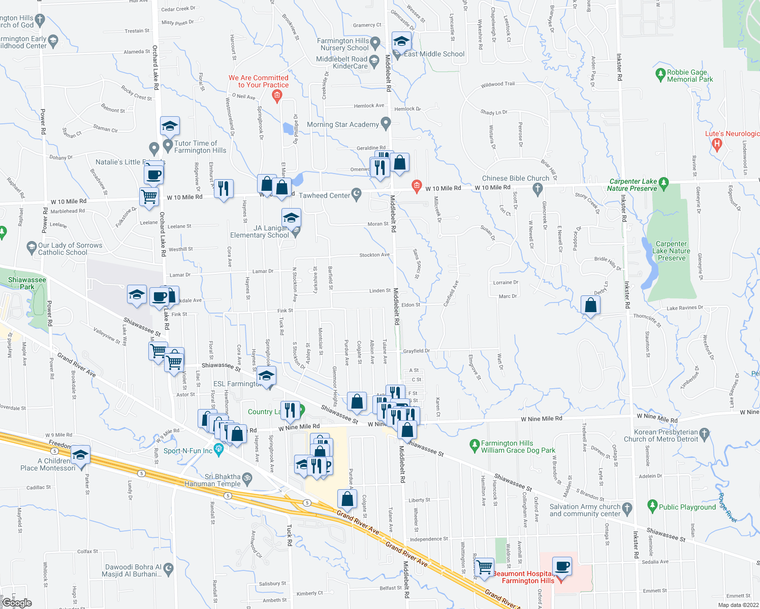 map of restaurants, bars, coffee shops, grocery stores, and more near 23245 Tulane Avenue in Farmington Hills