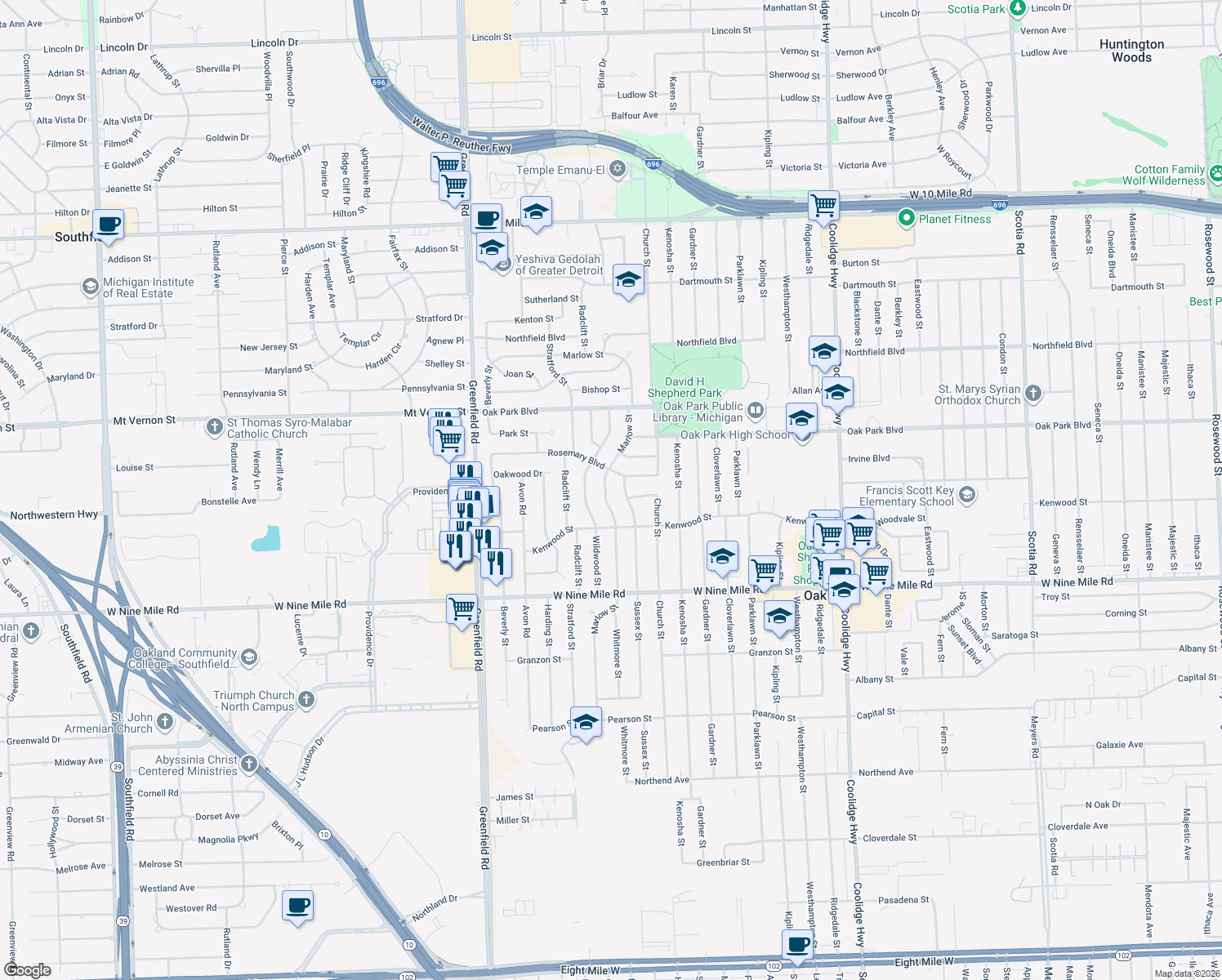 map of restaurants, bars, coffee shops, grocery stores, and more near 23500 Marlow Street in Oak Park