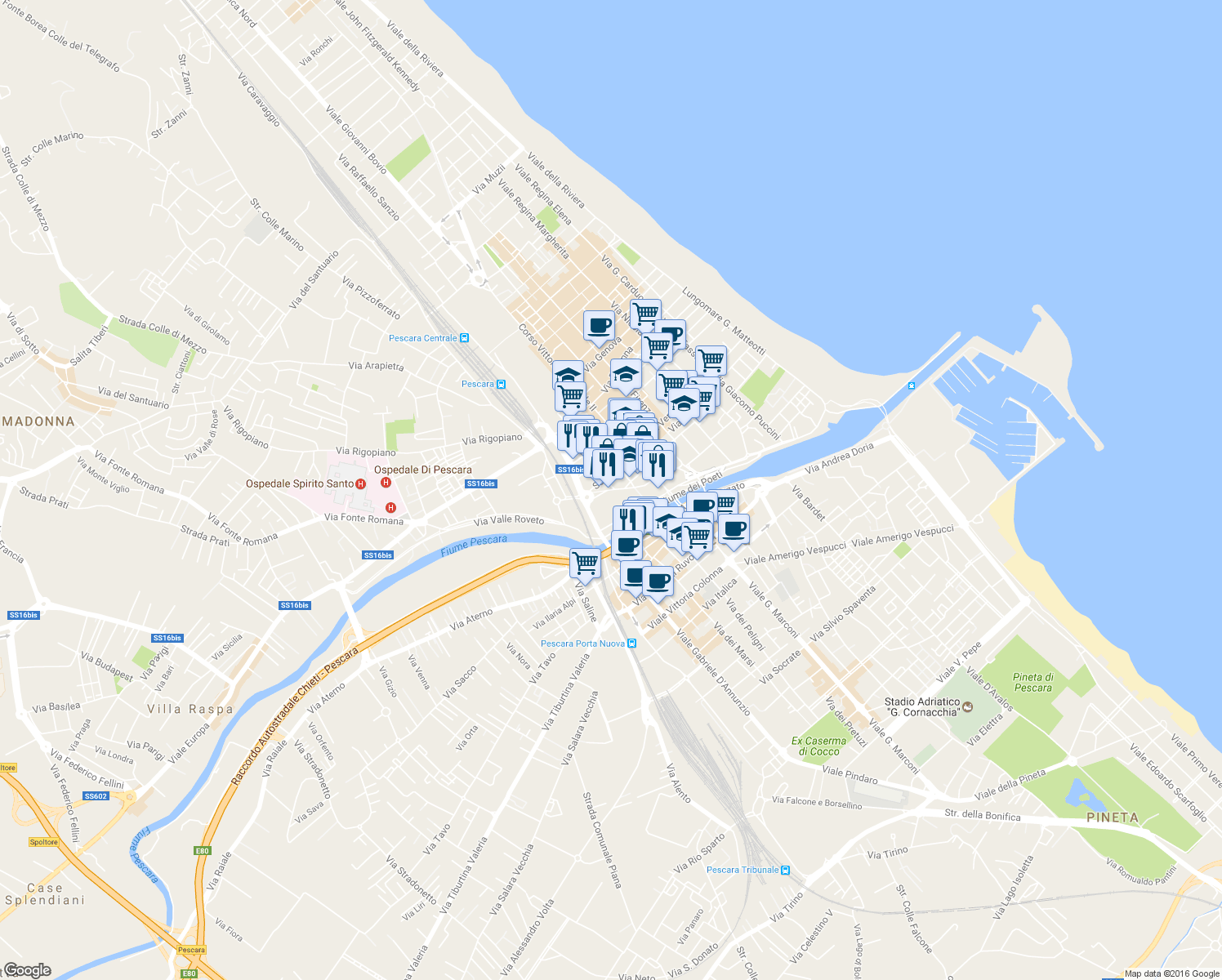 map of restaurants, bars, coffee shops, grocery stores, and more near 41 Via Caduta del Forte in Pescara