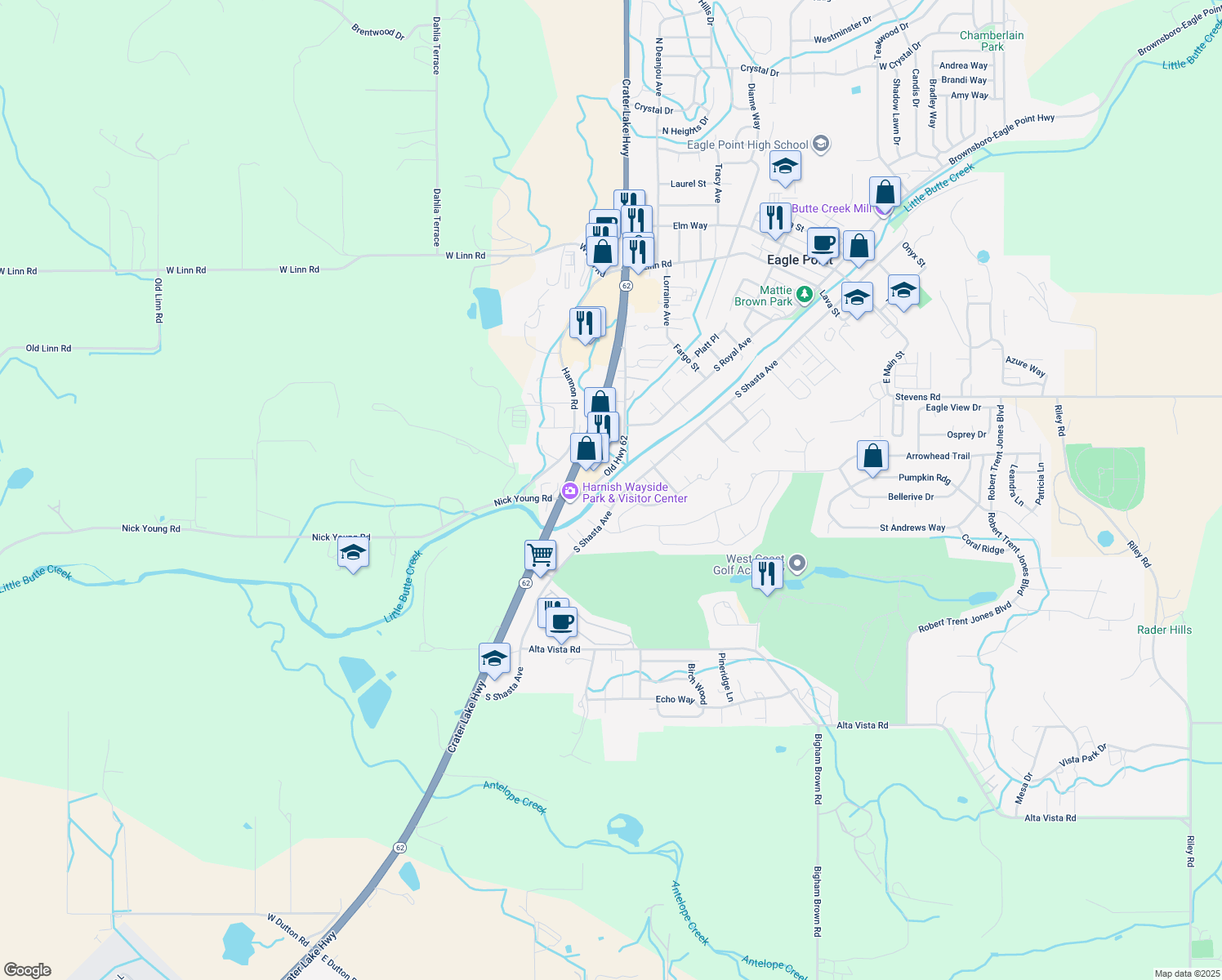 map of restaurants, bars, coffee shops, grocery stores, and more near 966 S Shasta Ave in Eagle Point