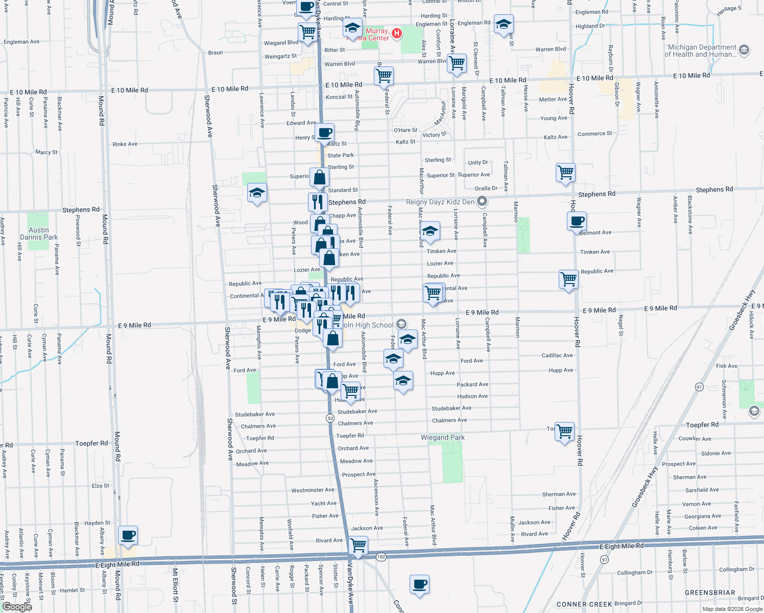 map of restaurants, bars, coffee shops, grocery stores, and more near 8276 Paige Avenue in Warren