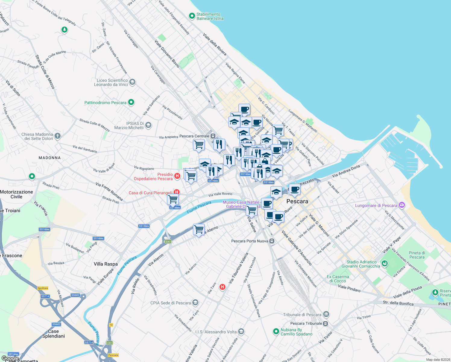 map of restaurants, bars, coffee shops, grocery stores, and more near Via Maiella in Pescara