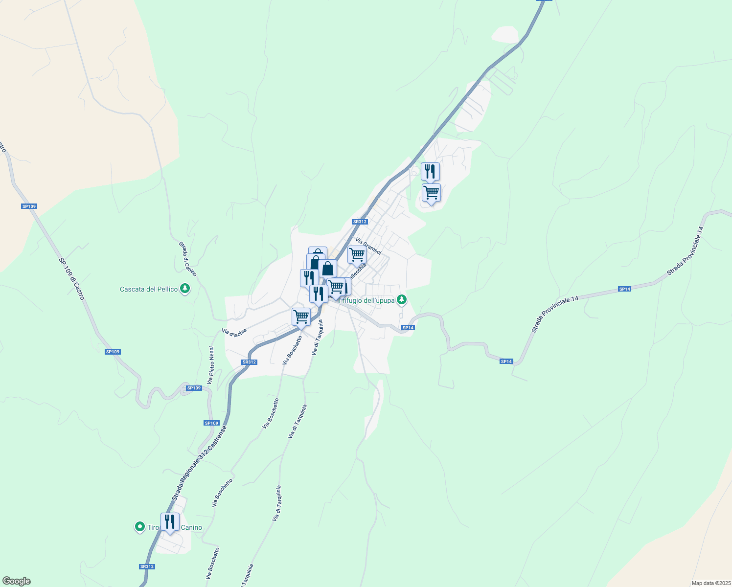 map of restaurants, bars, coffee shops, grocery stores, and more near 11 Via Piave in Canino