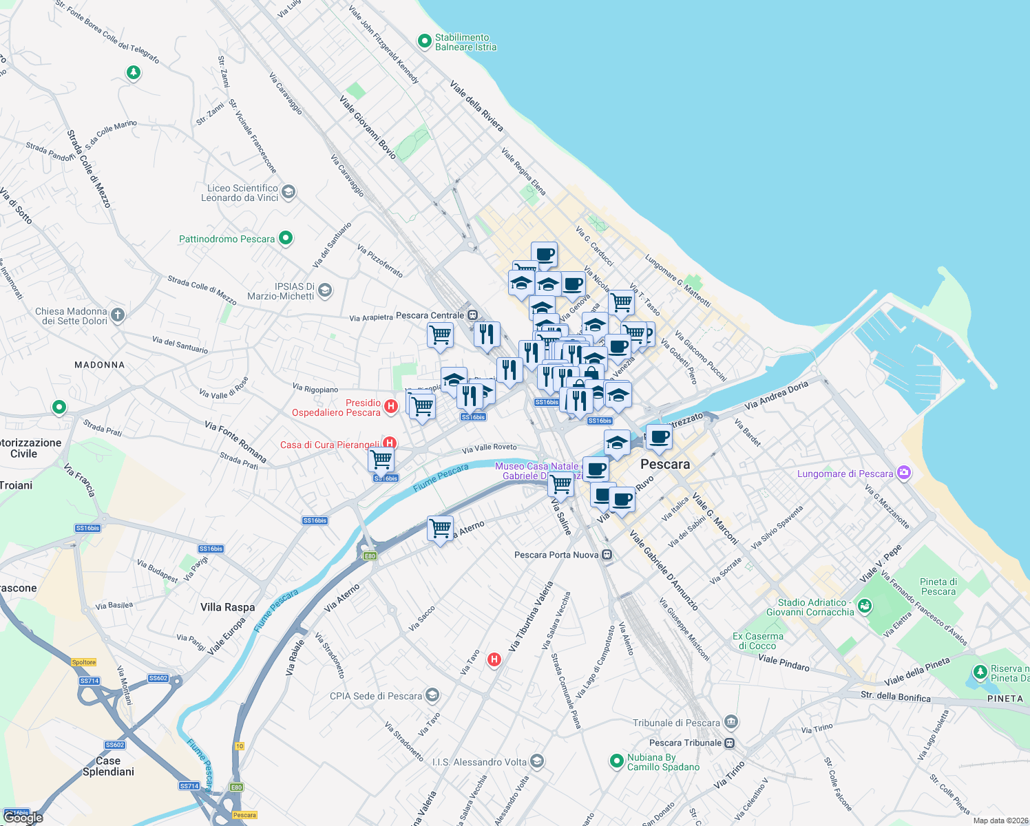 map of restaurants, bars, coffee shops, grocery stores, and more near Via Maiella in Pescara