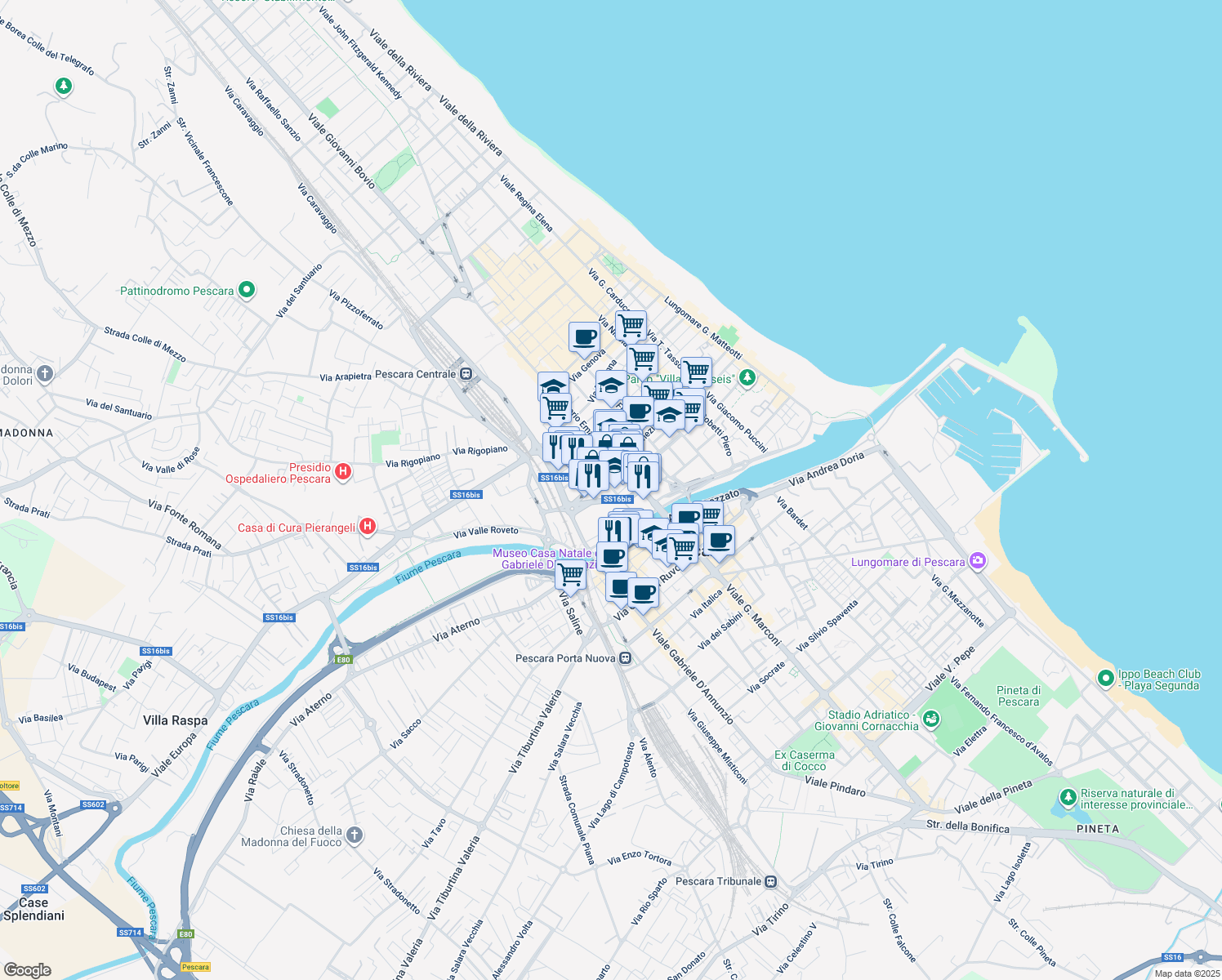 map of restaurants, bars, coffee shops, grocery stores, and more near 41 Via Caduta del Forte in Pescara