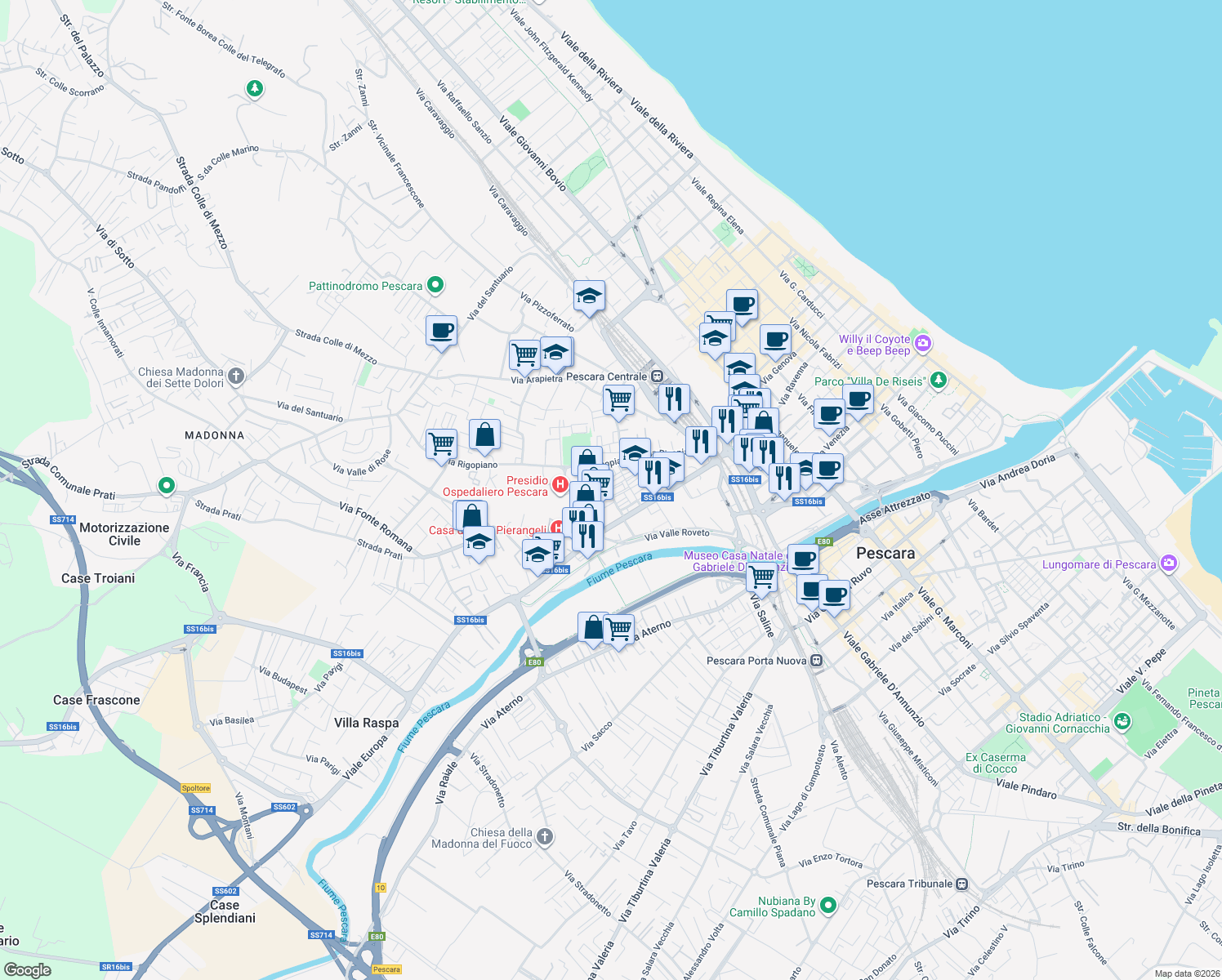 map of restaurants, bars, coffee shops, grocery stores, and more near Via Matese in Pescara
