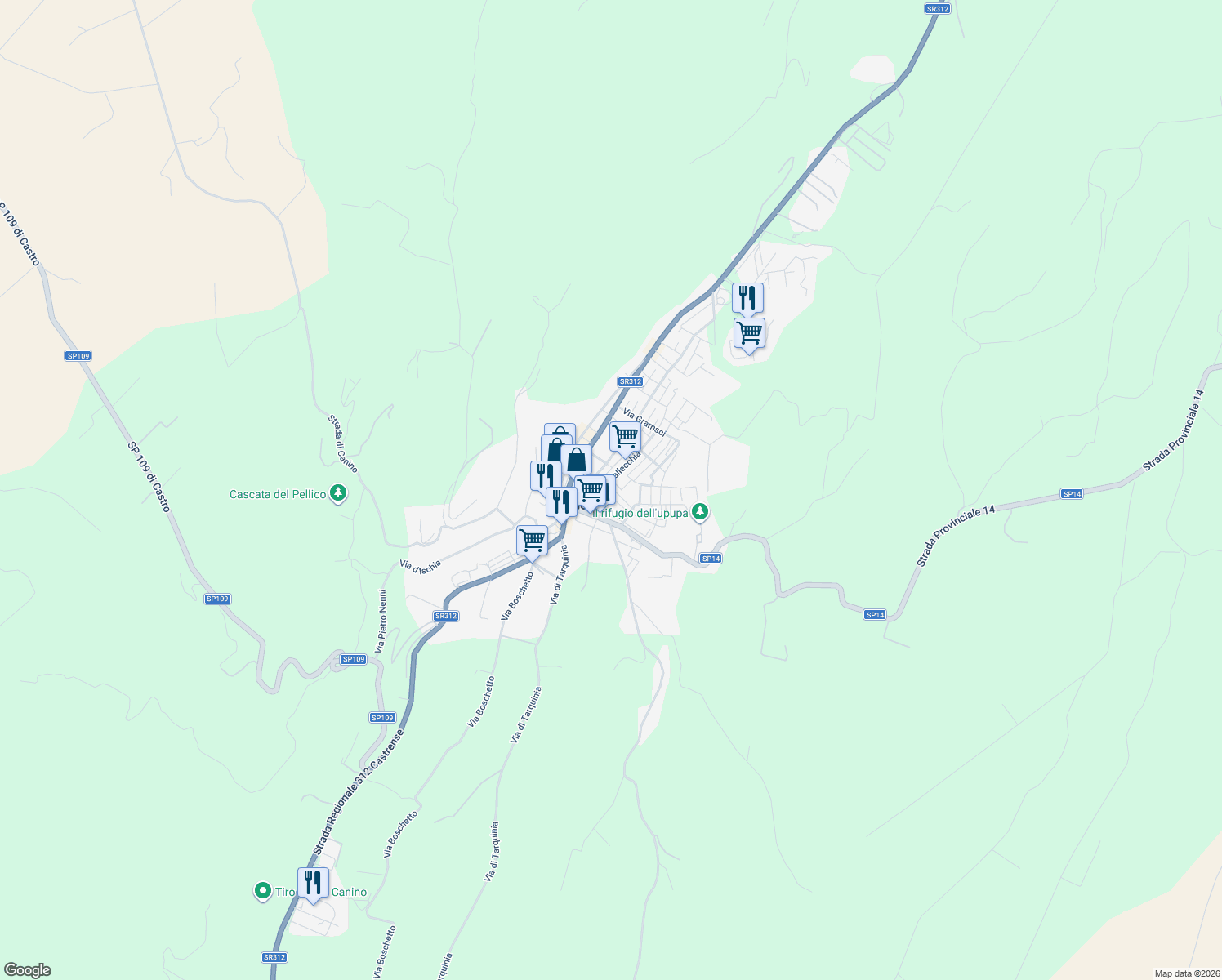 map of restaurants, bars, coffee shops, grocery stores, and more near 1 Piazza Risorgimento in Canino