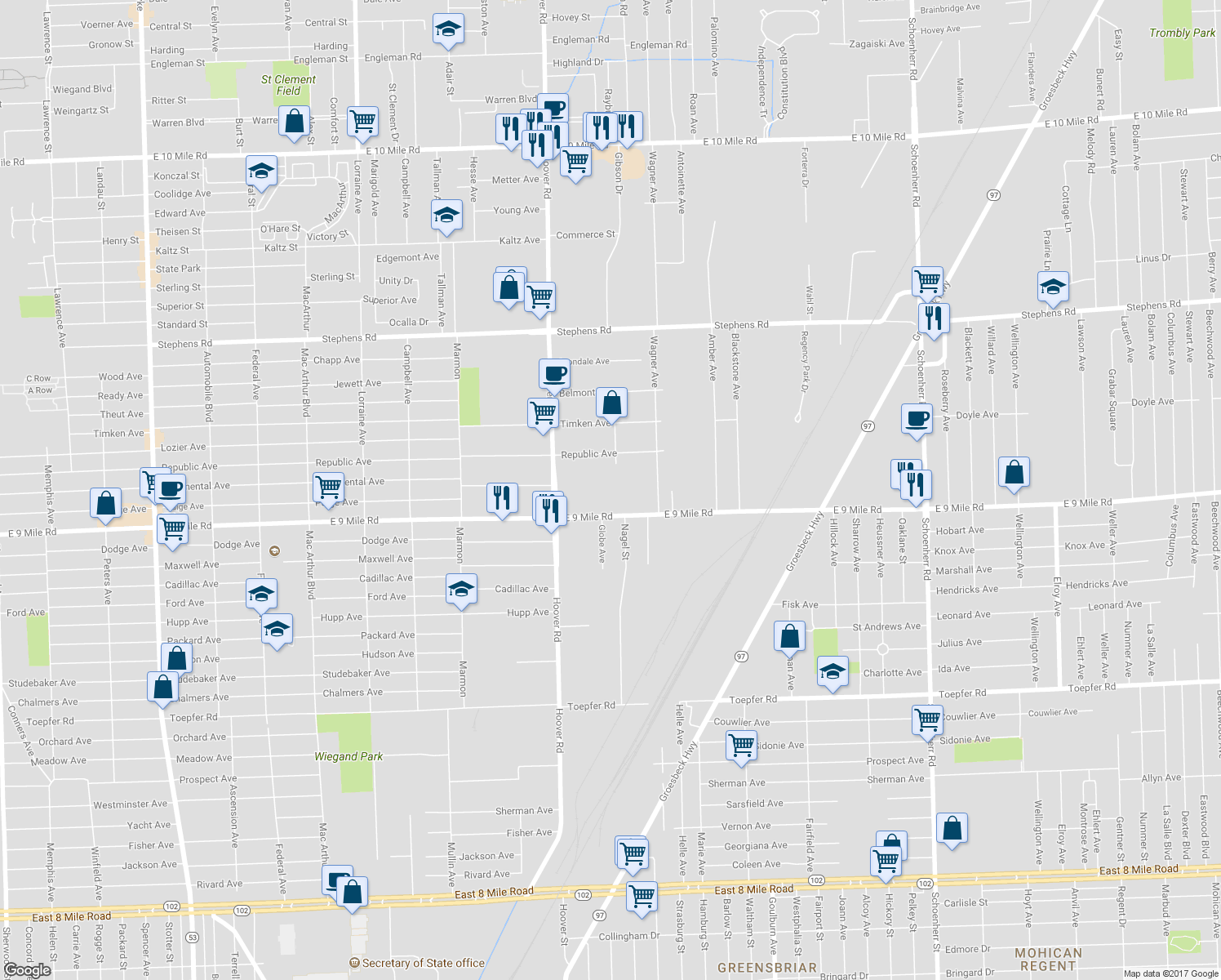 map of restaurants, bars, coffee shops, grocery stores, and more near 11955 East 9 Mile Road in Warren