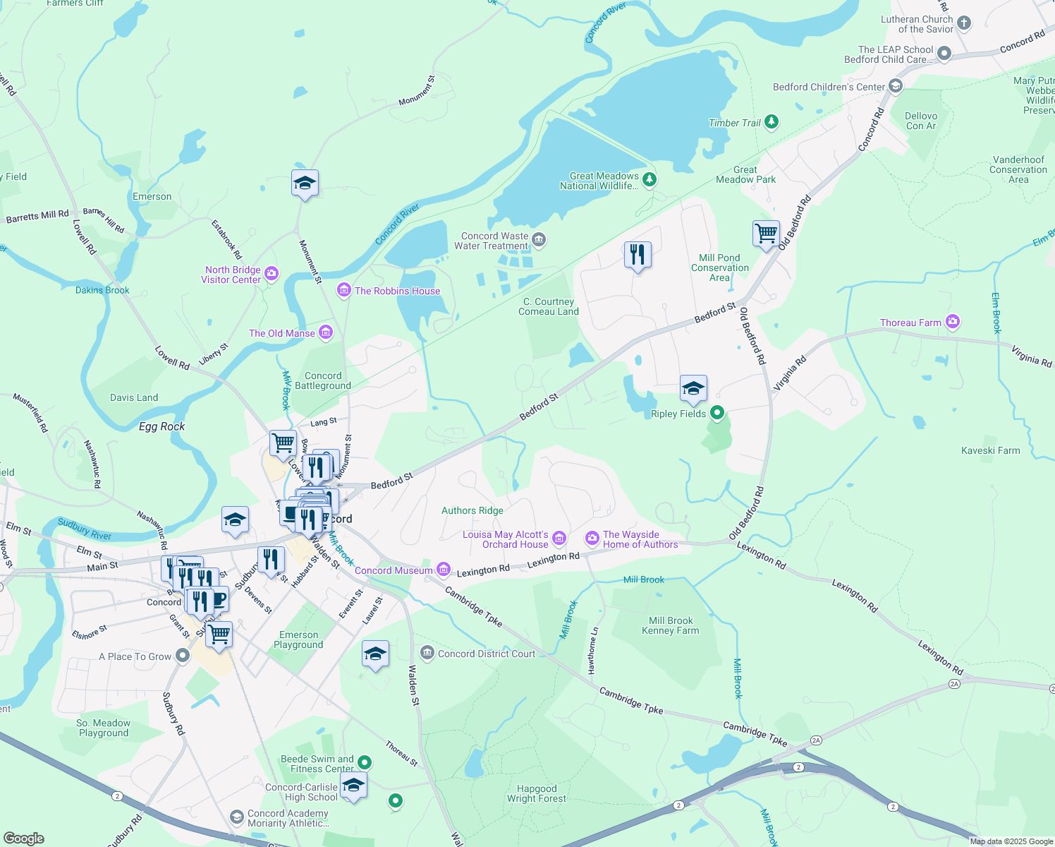 map of restaurants, bars, coffee shops, grocery stores, and more near 350 Bedford Street in Concord