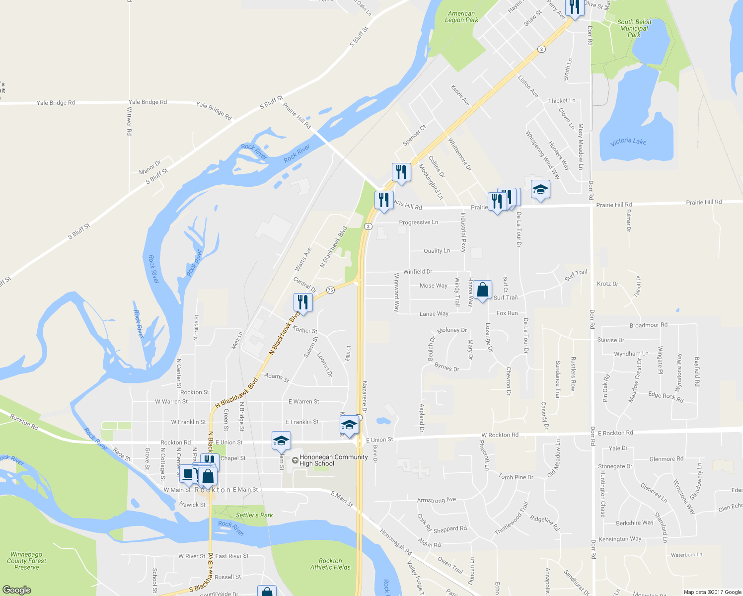 map of restaurants, bars, coffee shops, grocery stores, and more near 821 Doctor Clark Way in South Beloit