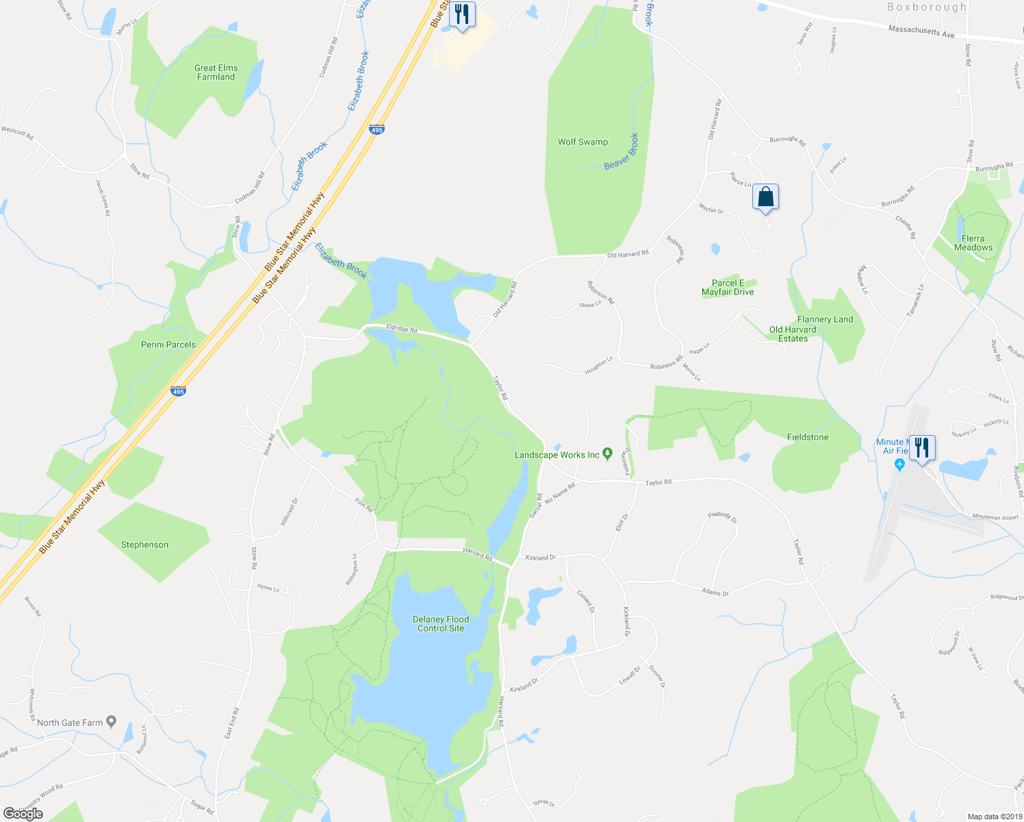 map of restaurants, bars, coffee shops, grocery stores, and more near 499 Taylor Road in Stow