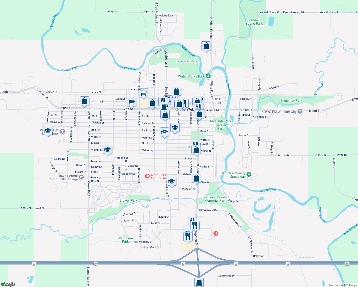 map of restaurants, bars, coffee shops, grocery stores, and more near 599 Elm Street in Webster City